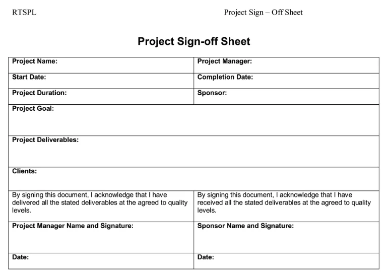project sign-off sheet